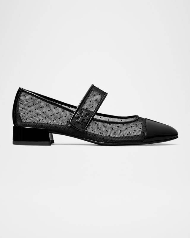 Mary Jane Cap-Toe Polka-Dot Mesh Ballerina Flats